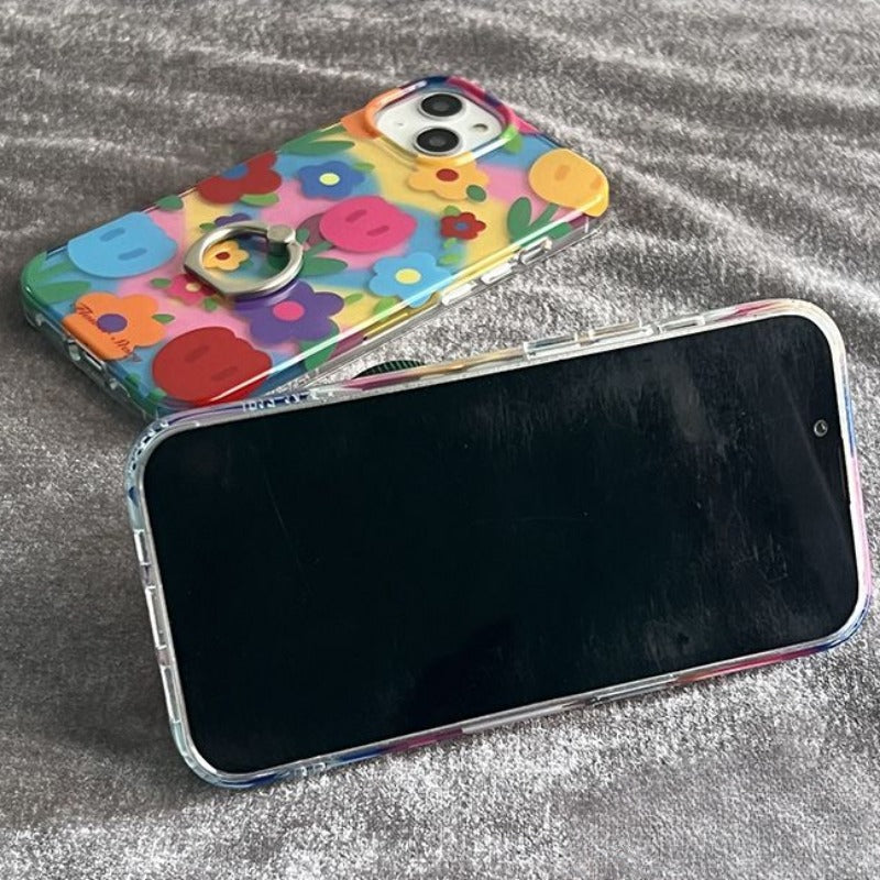 Colorful Flower Ring Buckle Phone Case For iPhone