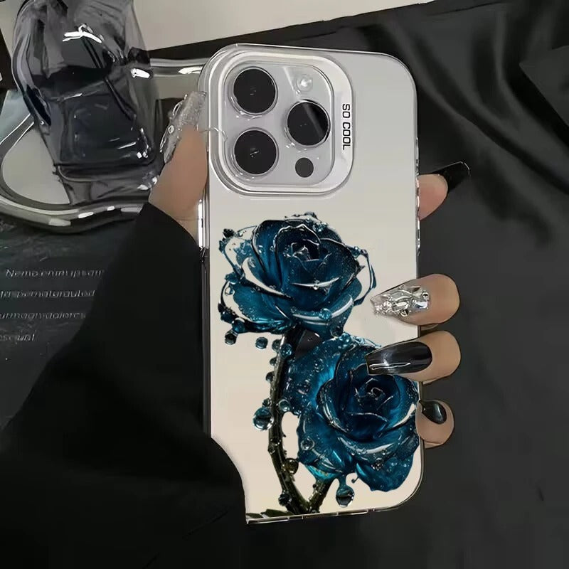 Luxury Ice Blue Rose Electroplate Silver Case For iPhone