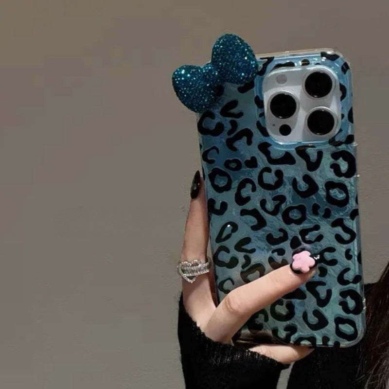 Colorful Leopard Blink Diamond Bowknot Lustre Lining Phone Case For iPhone