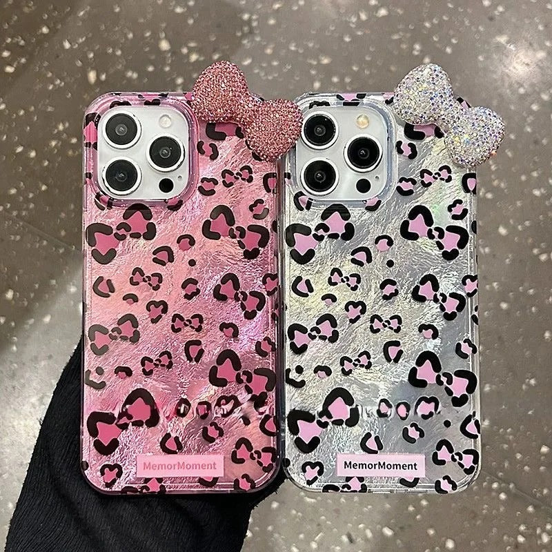 Colorful Leopard Blink Diamond Bowknot Lustre Lining Phone Case For iPhone