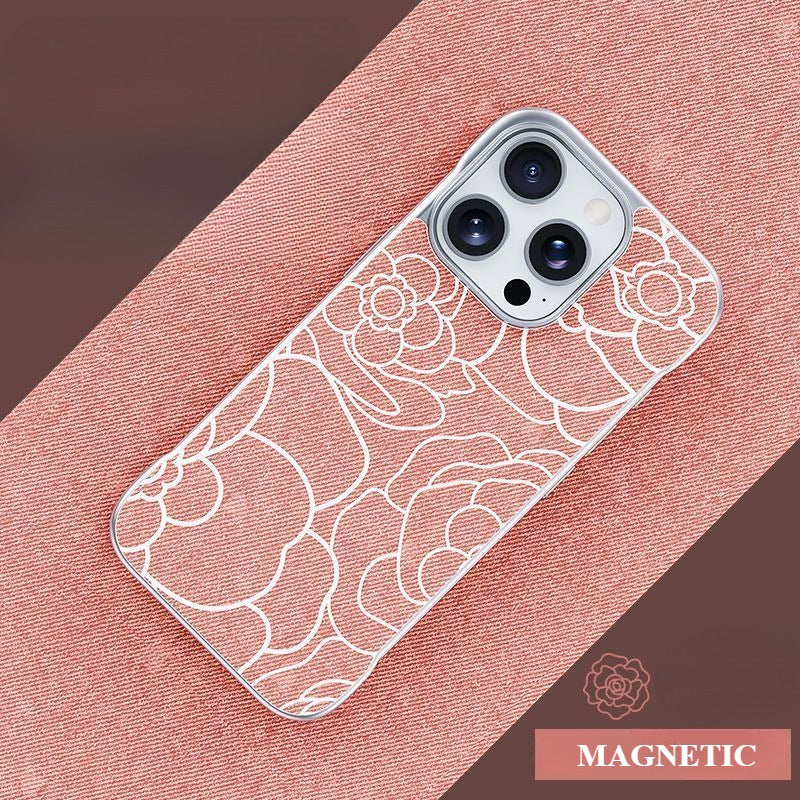 Embossed Camellia Magnetic Phone Case For iPhone