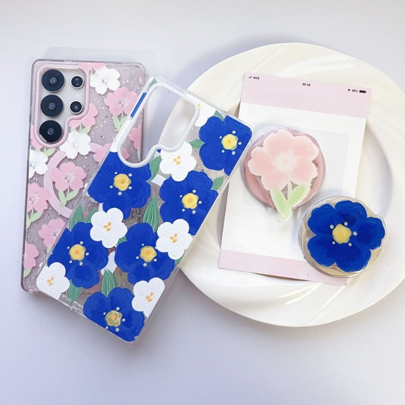 Pink Blue Flower Magnetic Phone Case For Samsung