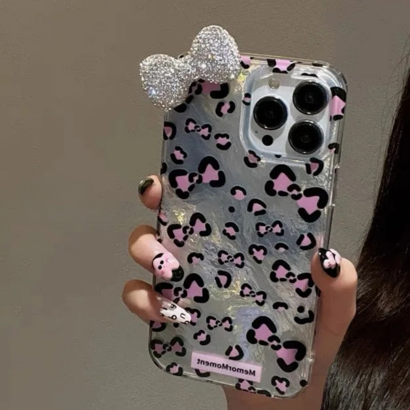 Colorful Leopard Blink Diamond Bowknot Lustre Lining Phone Case For iPhone