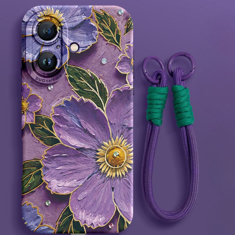 Flower Silicone Phone Case with Lanyard For iPhone