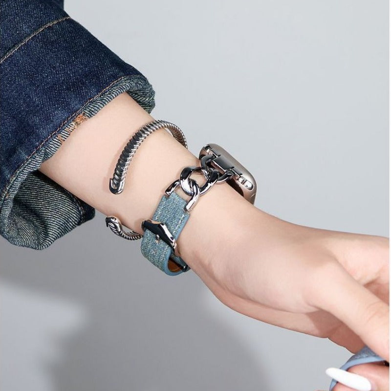 Metal Chain Denim Leather Watch Strap For iWatch