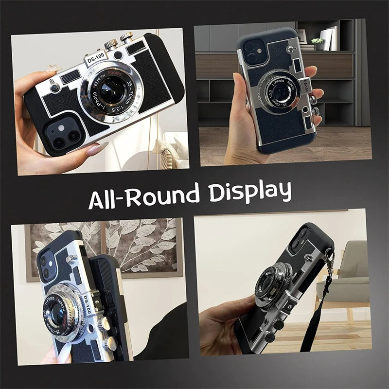3D Vintage Camera Leather Case with Neck Lanyard For iPhone