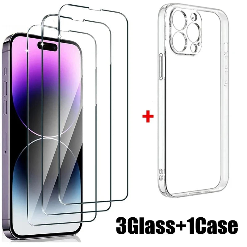 3PCS HD Tempered Glass+1PC Phone Case Set Meal For iPhone