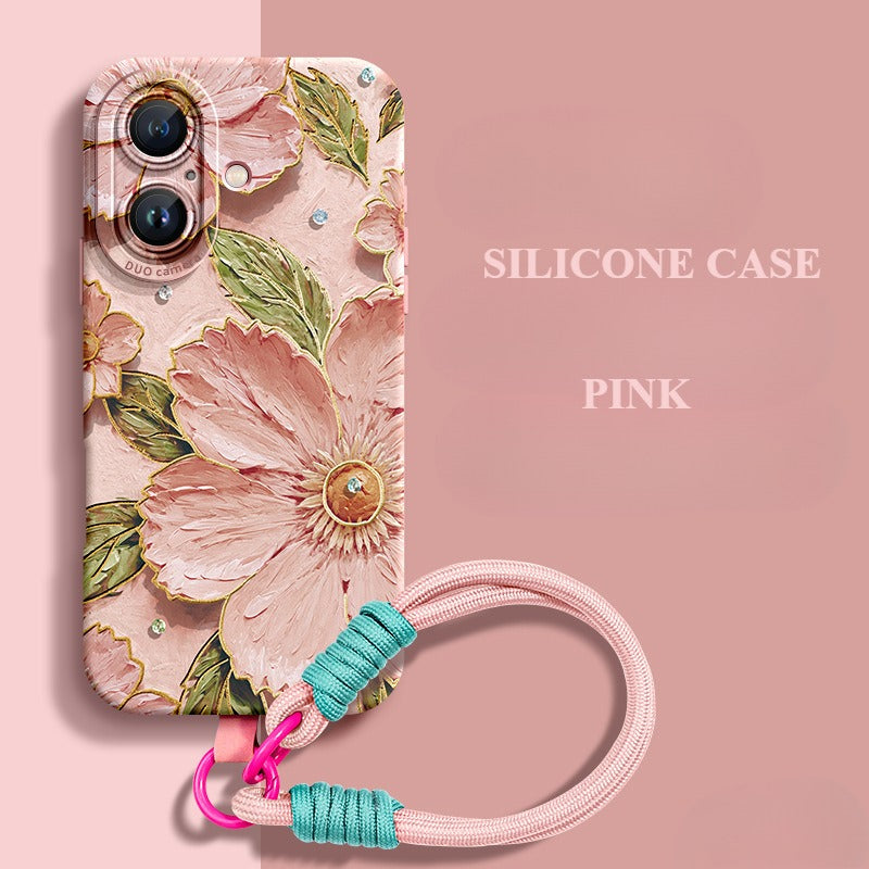 Flower Silicone Phone Case with Lanyard For iPhone