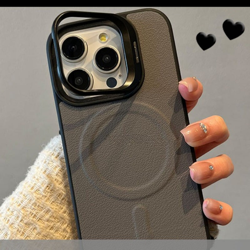 Magnetic Leather Lens Holder Phone Case For iPhone