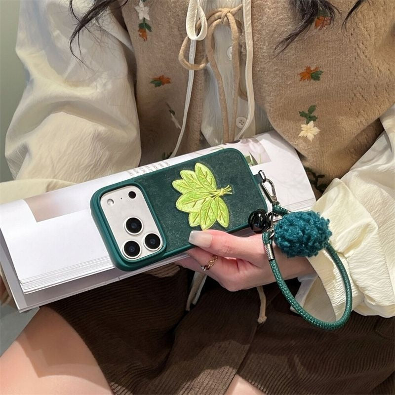 Velvet Green Embroidered Grapefruit Leaf Phone Case For iPhone