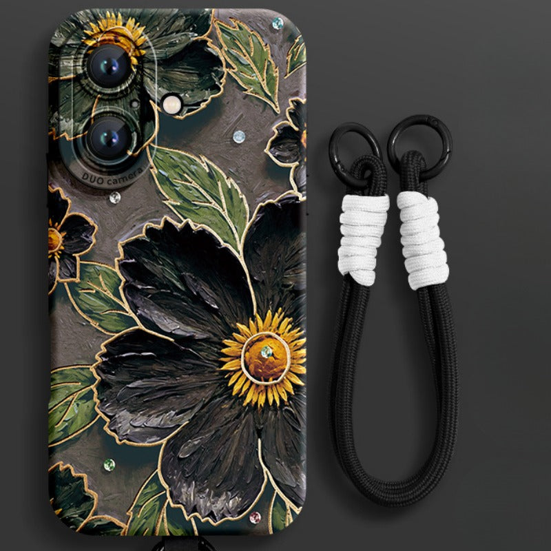 Flower Silicone Phone Case with Lanyard For iPhone