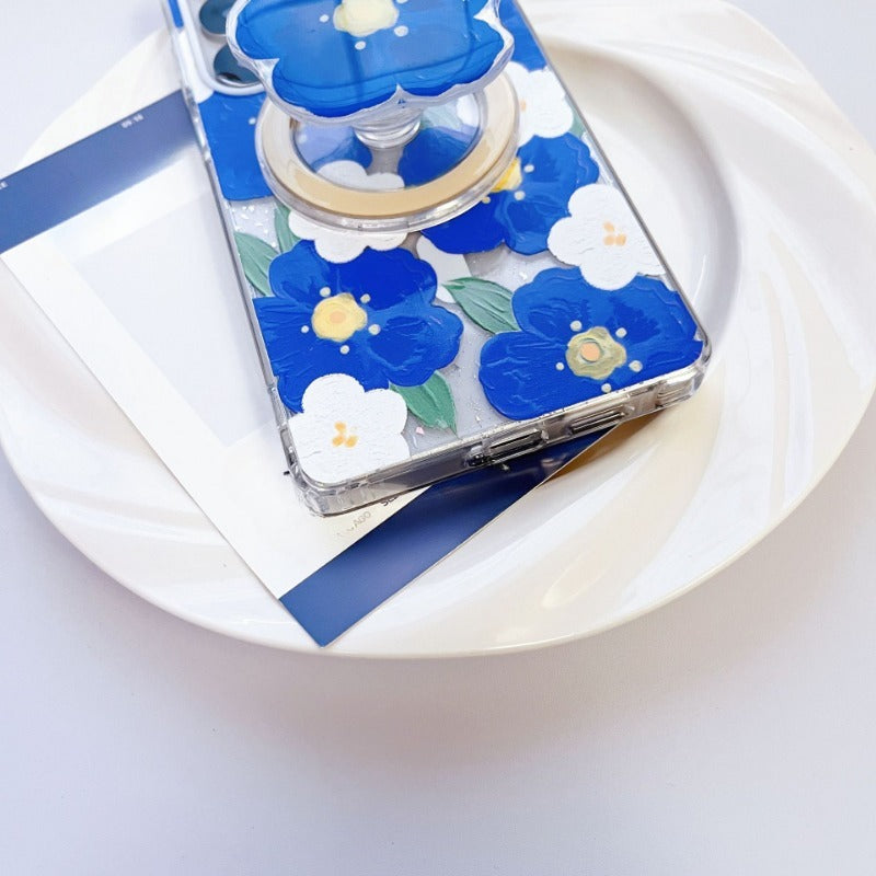 Pink Blue Flower Magnetic Phone Case For Samsung