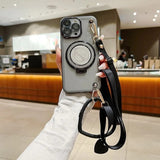 Mirror Stand Silk Strap Case For iPhone 17 16 15 14 11 12 13 Pro Max XS Plus 16E Transparent Crossbody Neck Lanyard Soft Cover
