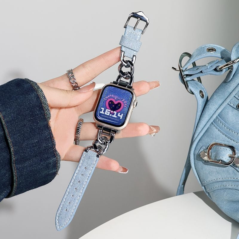 Metal Chain Denim Leather Watch Strap For iWatch