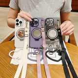 Mirror Stand Silk Strap Case For iPhone 17 16 15 14 11 12 13 Pro Max XS Plus 16E Transparent Crossbody Neck Lanyard Soft Cover