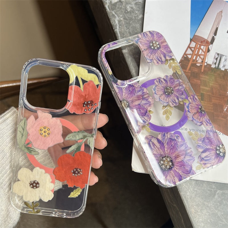 Flower Magnetic Transparent Phone Case For iPhone