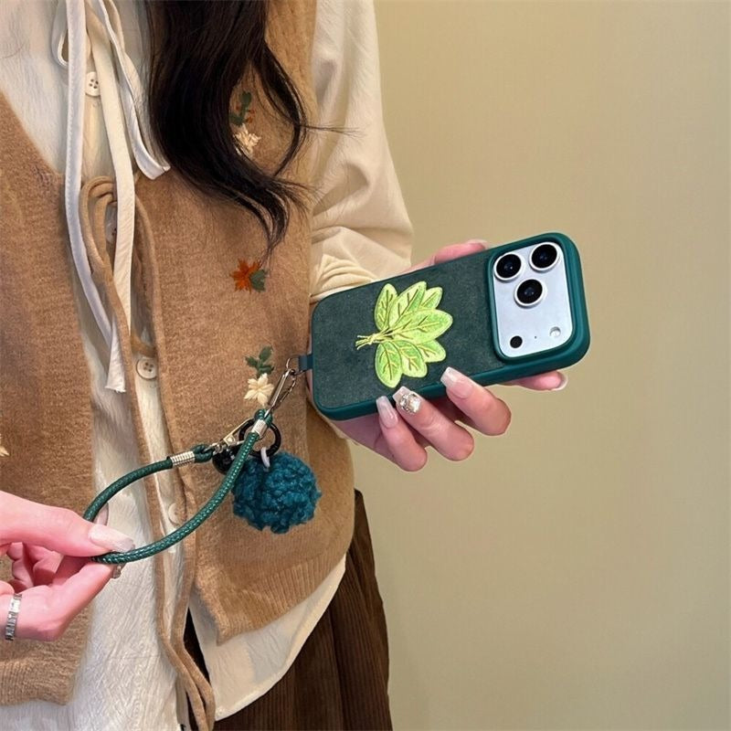 Velvet Green Embroidered Grapefruit Leaf Phone Case For iPhone