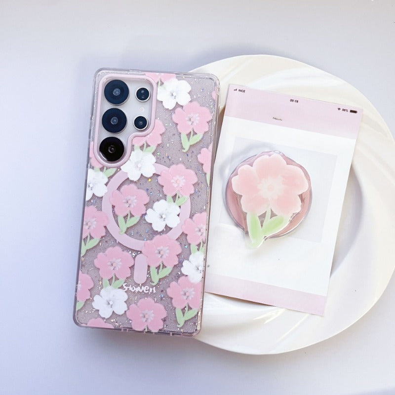 Pink Blue Flower Magnetic Phone Case For Samsung