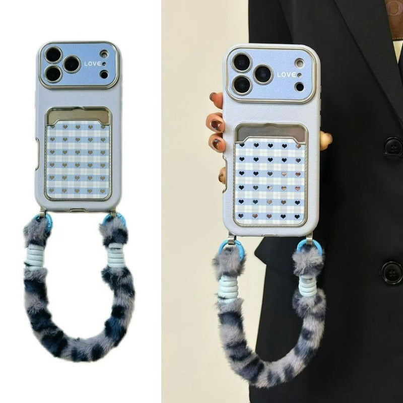 Checkered Heart Plush Rope Phone Case For iPhone