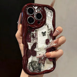 Butterfly Painted Flat Printing Wine Red Cream Texture Soft Phone Case For iPhone