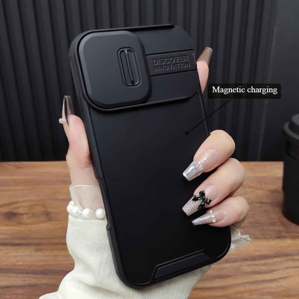 Sliding Cover Lens Airbag Anti-fall Wireless Charging Silicone Case For iPhone
