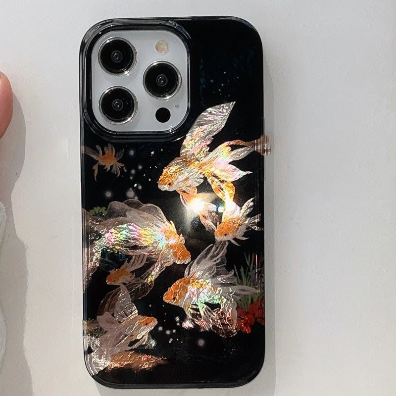 Luckly Koi Goldfish Beautiful Sparkle Glossy Glacial Texture Cover Case For iPhone