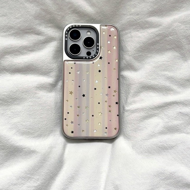 Silver Frame Pink and Yellow Pattern Gilded Star Mobile Phone Case For iPhone
