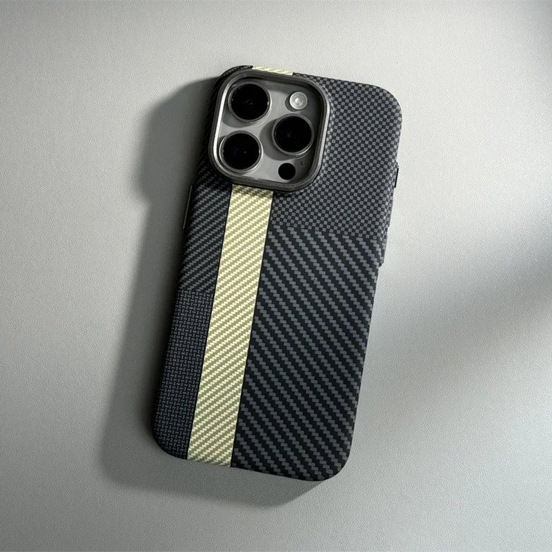 Alloy Lens Hit Color Carbon Fibre Pattern Magnetic Phone Case For iPhone