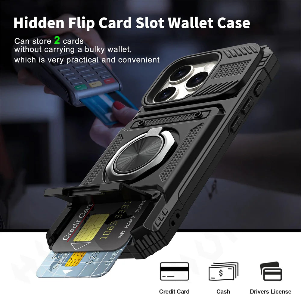 Magnetic Rotated Ring Kickstand Heavy Duty Drop Protection Wallet Case For iPhone