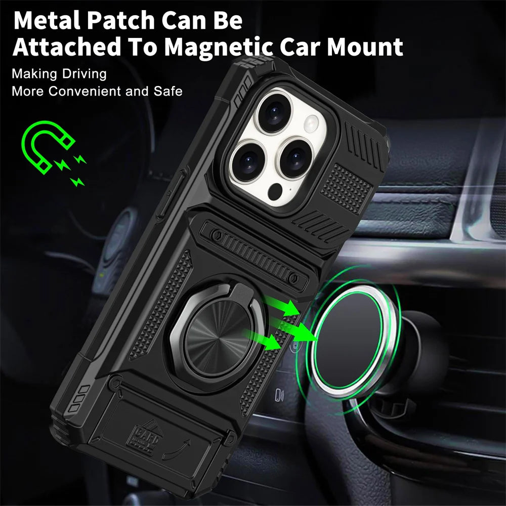 Magnetic Rotated Ring Kickstand Heavy Duty Drop Protection Wallet Case For iPhone