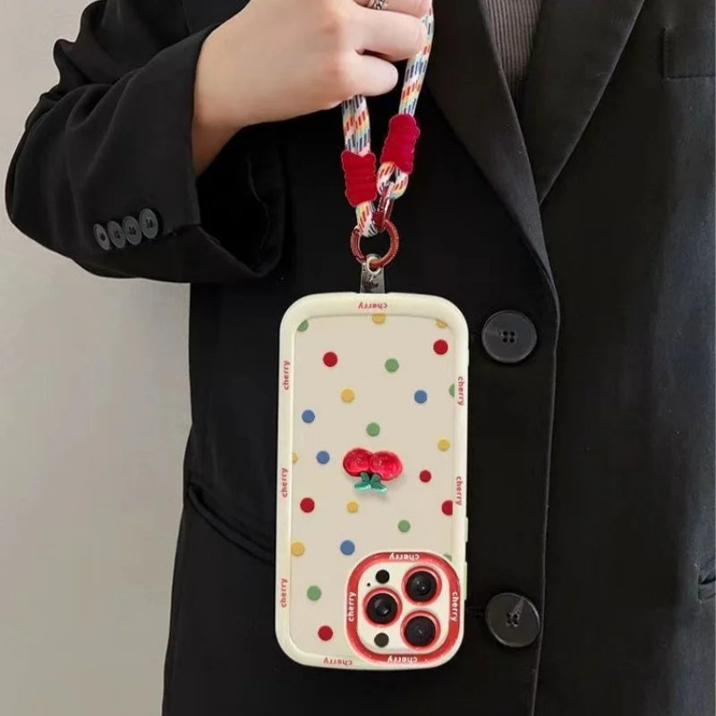 Cream Painted Cherry Doll with Colorful Polka Dot Phone Case For iPhone