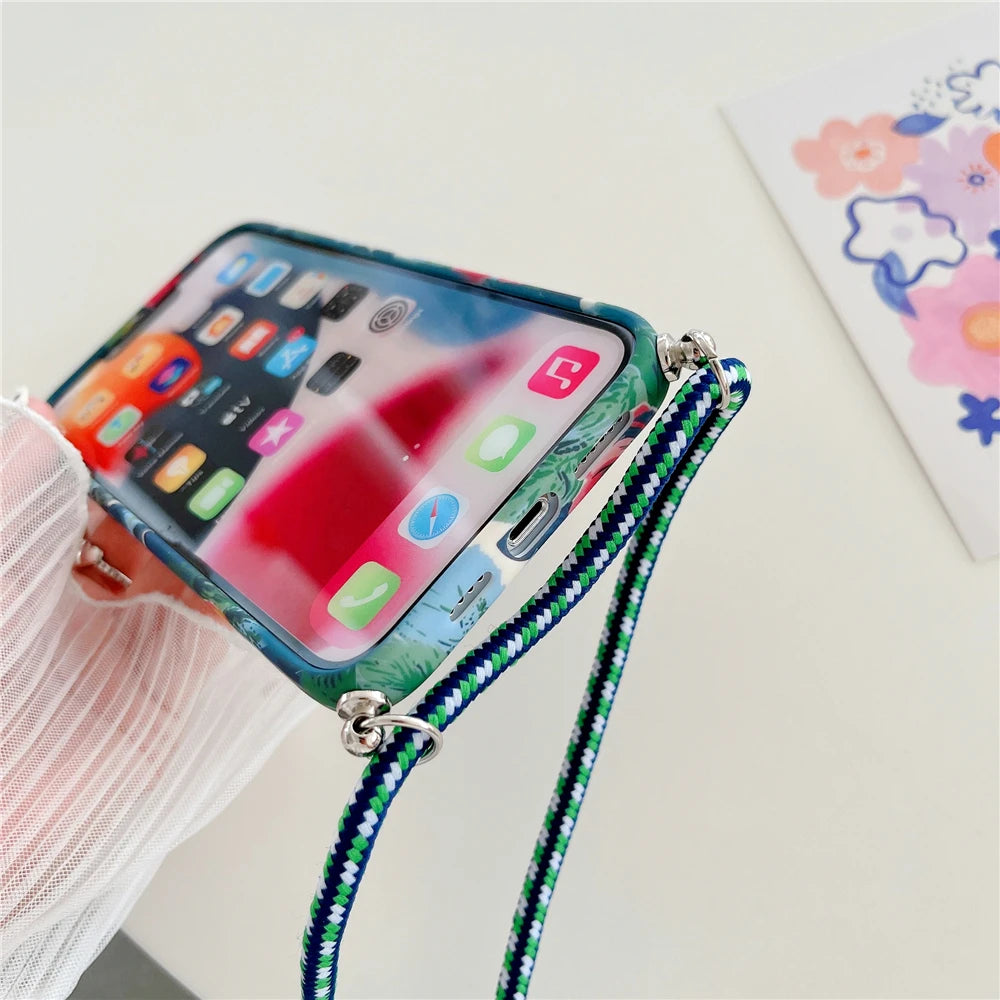 Crossbody Lanyard Strap Flower Phone Case For iPhone