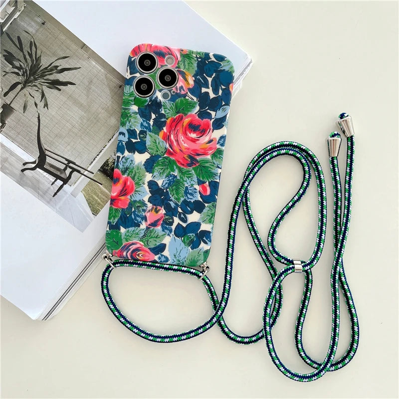 Crossbody Lanyard Strap Flower Phone Case For iPhone