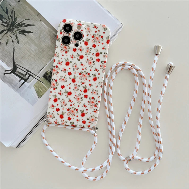 Crossbody Lanyard Strap Flower Phone Case For iPhone