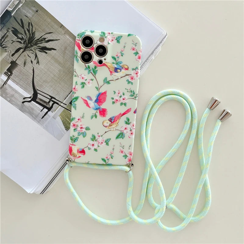 Crossbody Lanyard Strap Flower Phone Case For iPhone