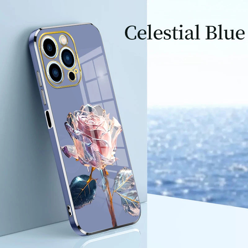 Drop-proof Rose Pattern Electroplated Square Phone Case For  iPhone