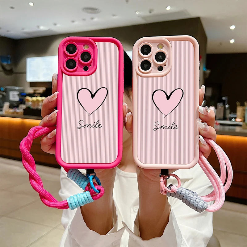 Fashion Smile Pink Love Heart Soft Lanyard Rope Phone Case For iPhone