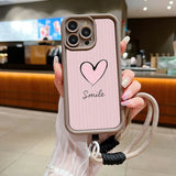 Fashion Smile Pink Love Heart Soft Lanyard Rope Phone Case For iPhone