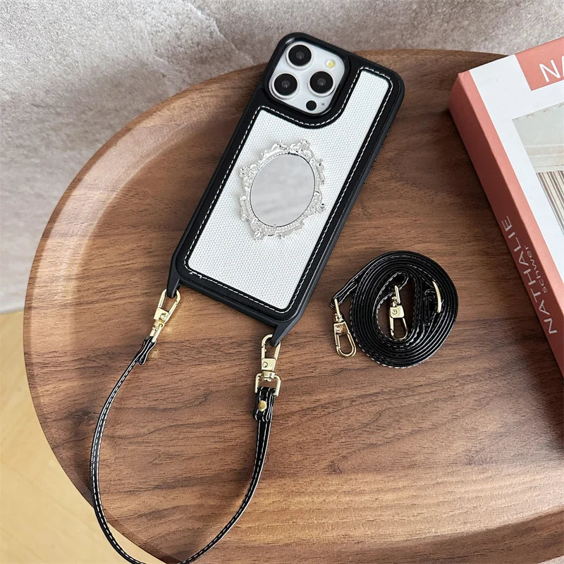 Crossbody Wrist Strap Retro Leather Mirror Phone Case for IPhone