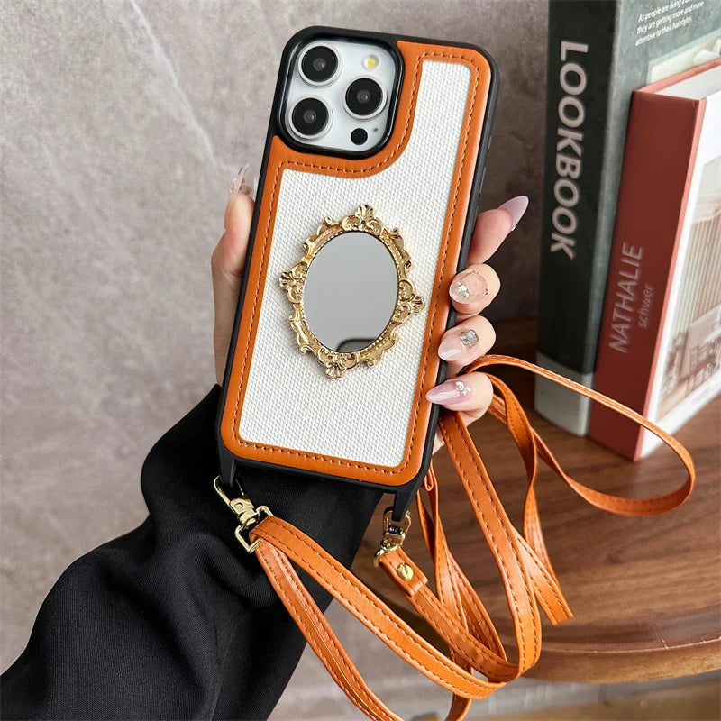 Crossbody Wrist Strap Retro Leather Mirror Phone Case for IPhone