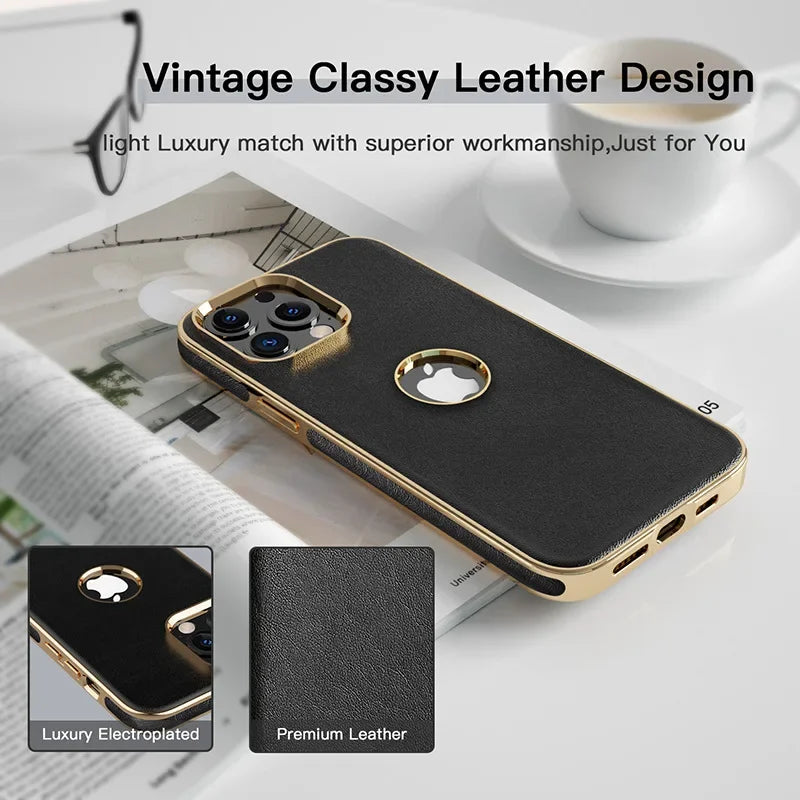 Straight Gold Edge Hollow Leather Phone Case For iPhone