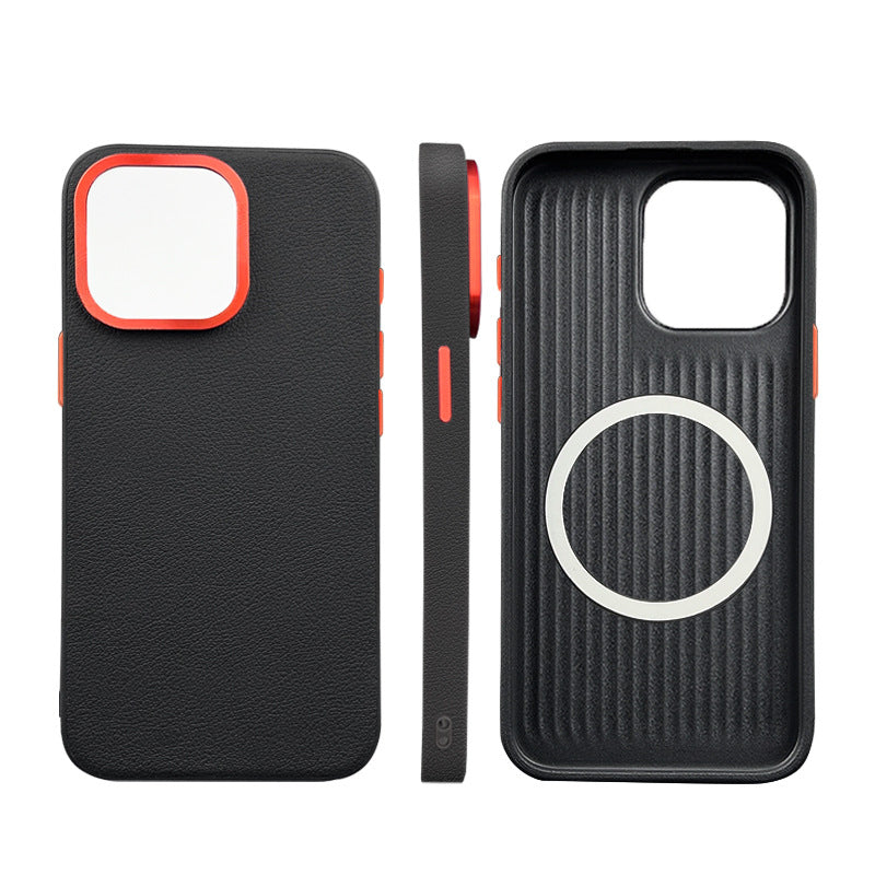 Plain Leather Magnetic Metal Contrast Color Phone Case For iPhone