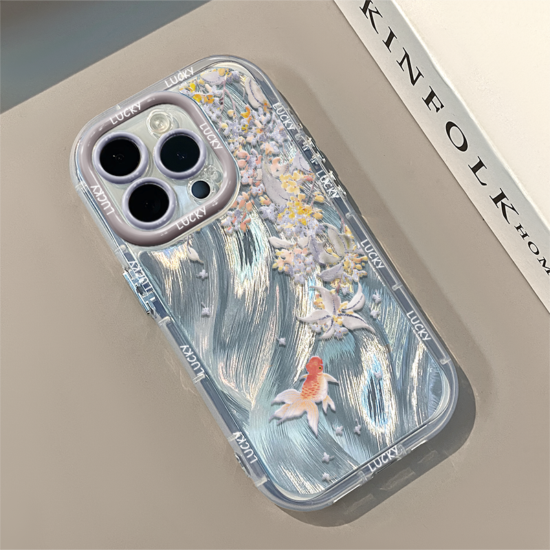 Osmanthus Goldfish Feather Pattern Transparent Phone Case For iPhone