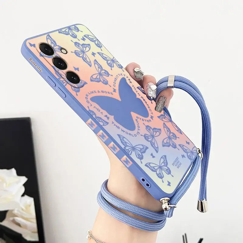 Shining Butterfly Lanyard Silicone Phone Case For Samsung