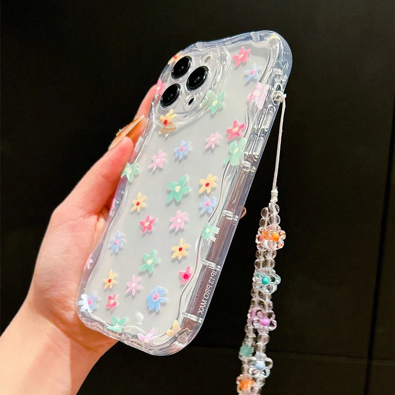 Colorful Flower Pattern Bracelet Lanyard Transparent Phone Case For iPhone