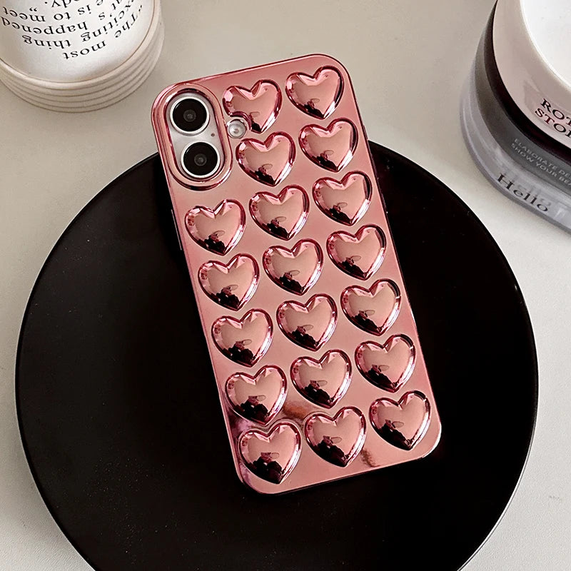 Plating Rose Gold 3D Love Heart Glossy Back Cover Case For iPhone