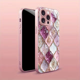 Plaid Flower Pattern Pink Metallic Paint Glass Hard Phone Case For iPhone