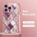 Plaid Flower Pattern Pink Metallic Paint Glass Hard Phone Case For iPhone