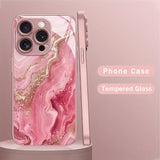 Pink Gold Marble Metallic Paint Tempered Glass Hard Phone Case For iPhone