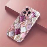 Plaid Flower Pattern Pink Metallic Paint Glass Hard Phone Case For iPhone